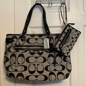 Coach XL C tote includes large wristlet-Gray and Black. Jacquard fabric on both